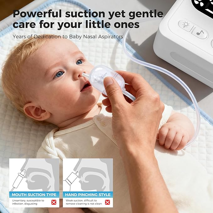 Nasal Aspirator for Baby, Baby Nose Sucker with 9 Suction Levels, Electric Nose Suction for Baby with Night Light, Can Play Lullabies, Equipped with 3 Food-Grade Silicone Nozzles and Tweezers (White)