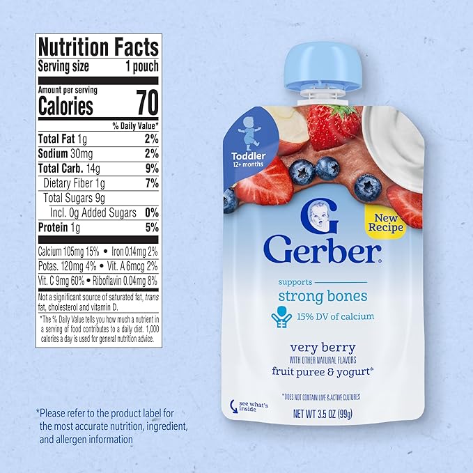Gerber Toddler Food, Very Berry, Fruit Puree and Yogurt Pouch. No Added Sweeteners, 12PK