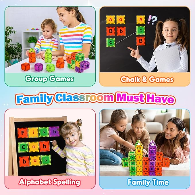 Magnetic Tiles Letters Toys, Alphabet Learning Toys for Toddlers 1-3 2-4 4-8, Classroom Must Have 48PCS Construction Toy, Toddler Games for Preschool Kids Spelling, Learning, Building, Educational Toy