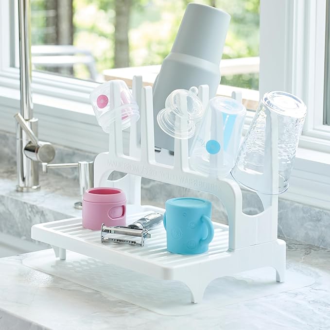 PopYum Glacier White Space Saving Drying Rack from 100% Recycled Bottles with Clear Frosted Silicone Drying Mat, countertop for Baby Bottles, Plastic Bags, Cups, Glass, tumblers, Compact