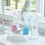 PopYum Glacier White Space Saving Drying Rack from 100% Recycled Bottles with Clear Frosted Silicone Drying Mat, countertop for Baby Bottles, Plastic Bags, Cups, Glass, tumblers, Compact