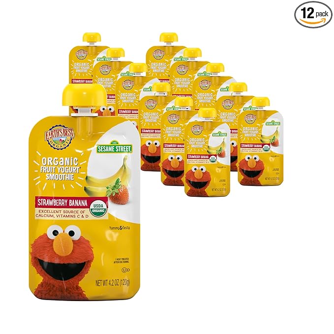 Earth's Best Organic Yogurt Smoothie Pouches for Toddlers 24 Months+, Strawberry Banana, Fruit Yogurt, 4.2 oz Resealable Pouch, Pack of 12