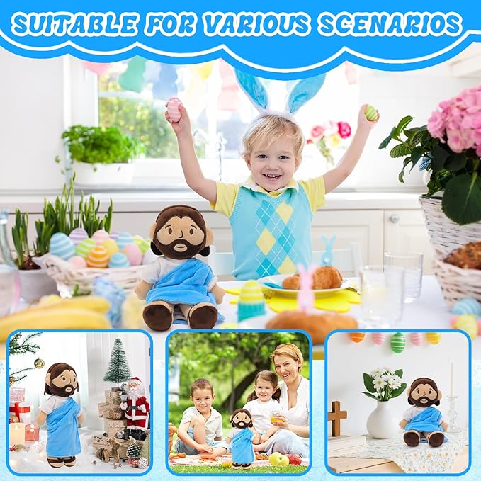 11.8inch Brown Jesus Plush Doll Guardian Baptism Stuffed Plushie Savior Toy Gifts for Church Sunday School Religious Easter Gift (Blue)