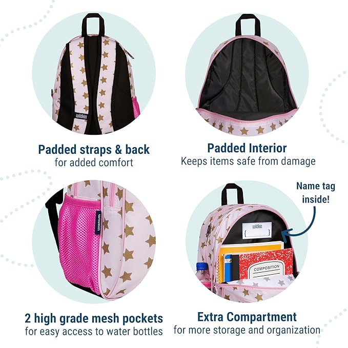 Wildkin 15-inch Kids Backpack – Durable, Padded, Adjustable for School & Travel - Pink and Gold Stars