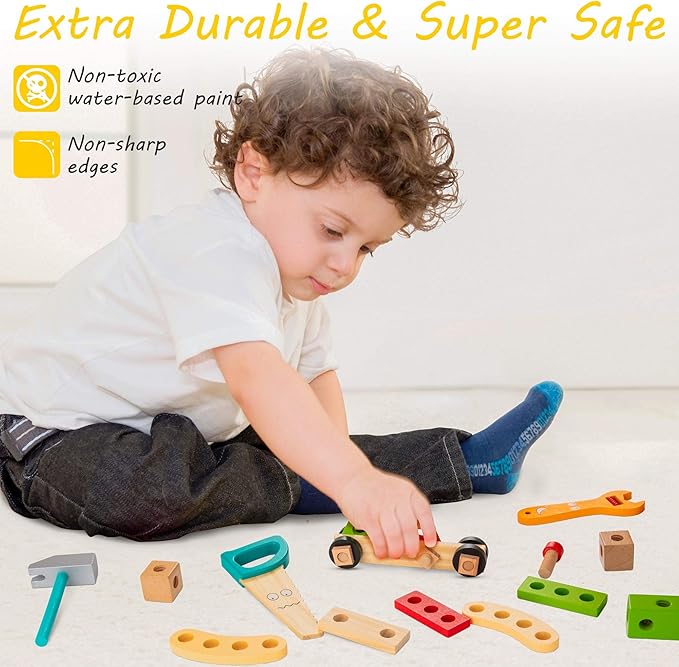 KIDWILL Tool Kit for Kids, 36-Piece Wooden Toddler Tools Set Includes Tool Box, Montessori Educational Stem Construction Toys for 2 3 4 5 6 Year Old Boys Girls, Best Birthday Gift for Kids