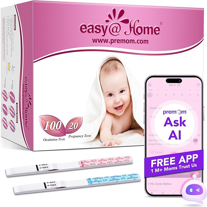Easy@Home Ovulation Test Strips and Pregnancy Test Strips Combo Kit, Package May Vary (100LH+20HCG)