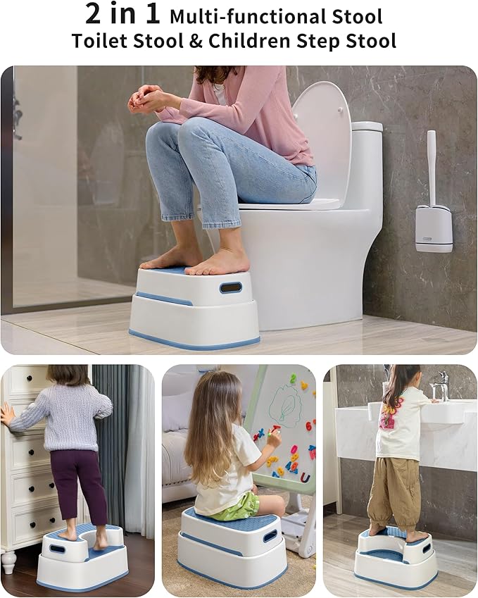 MR.SIGA Toilet Stool Squat Adult, Bathroom Stool Heavy Duty, Anti Slip Toilet Step for Bathroom, Toddler Step Stool for Kids, White & Grayish Blue