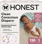 The Honest Company Clean Conscious Diapers for Delicate Skin | Up to 100% Leakproof | Hypoallergenic, Fragrance Free | Girl Prints | Super Club Box, Size 1 (8-14 lbs), 136 Count (Prints May Vary)