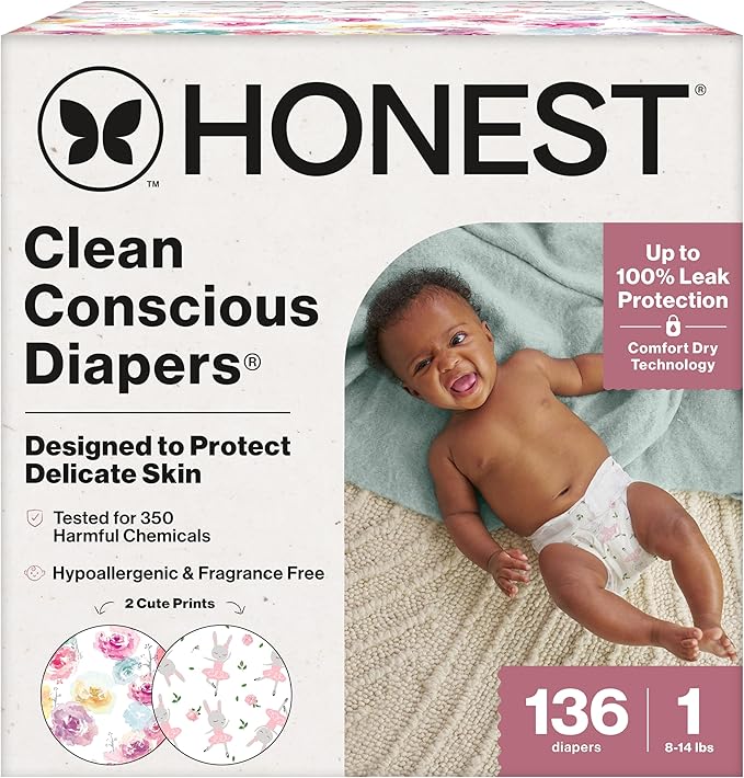 The Honest Company Clean Conscious Diapers for Delicate Skin | Up to 100% Leakproof | Hypoallergenic, Fragrance Free | Girl Prints | Super Club Box, Size 1 (8-14 lbs), 136 Count (Prints May Vary)