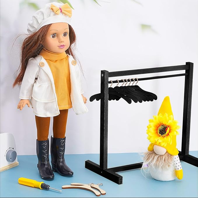 Civaner 11 Pcs Doll Garment Rack with Wooden Clothes Hanger for 18 Inch Girl Doll Clothes Mini Hangers Wardrobe Furniture Accessories for Dollhouse Baby Shower Supplies (Black)