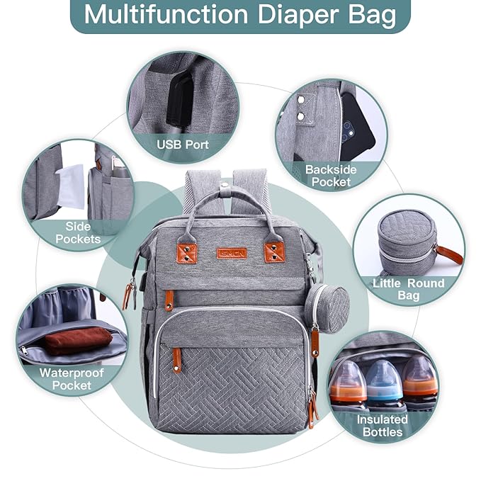Diaper Bag Backpack with Changing Station, Large Diaper Bag, Baby Bag, Multifunctional Diaper Bag, Gray
