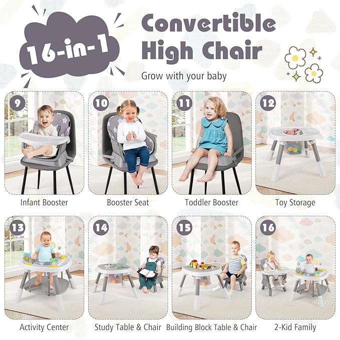 HONEY JOY 16-in-1 Baby High Chair, Convertible Highchair for Babies and Toddlers/Booster Seat/Activity Center with Toys, Building Block Table & Stool, Safety Harness, Removable Cushion & Tray (Gray)
