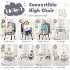 KOTEK 16 in 1 Convertible High Chair, Baby Highchair & Activity Center with Toys, Booster Seat, Building Block Table, Toddler Chair with 5-Point Harness, Removable Tray & Cushion (Gray)