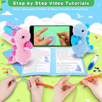 Heart Dinosaurs Crochet Kit for Beginners - 2PCS Blue and Pink Dinosaurs Crochet Kit with Step-by-Step Video Tutorials, Dinosaur Crochet Starter Kit for Adult Kid, Crochet Stuffed Animal Knitting Kit