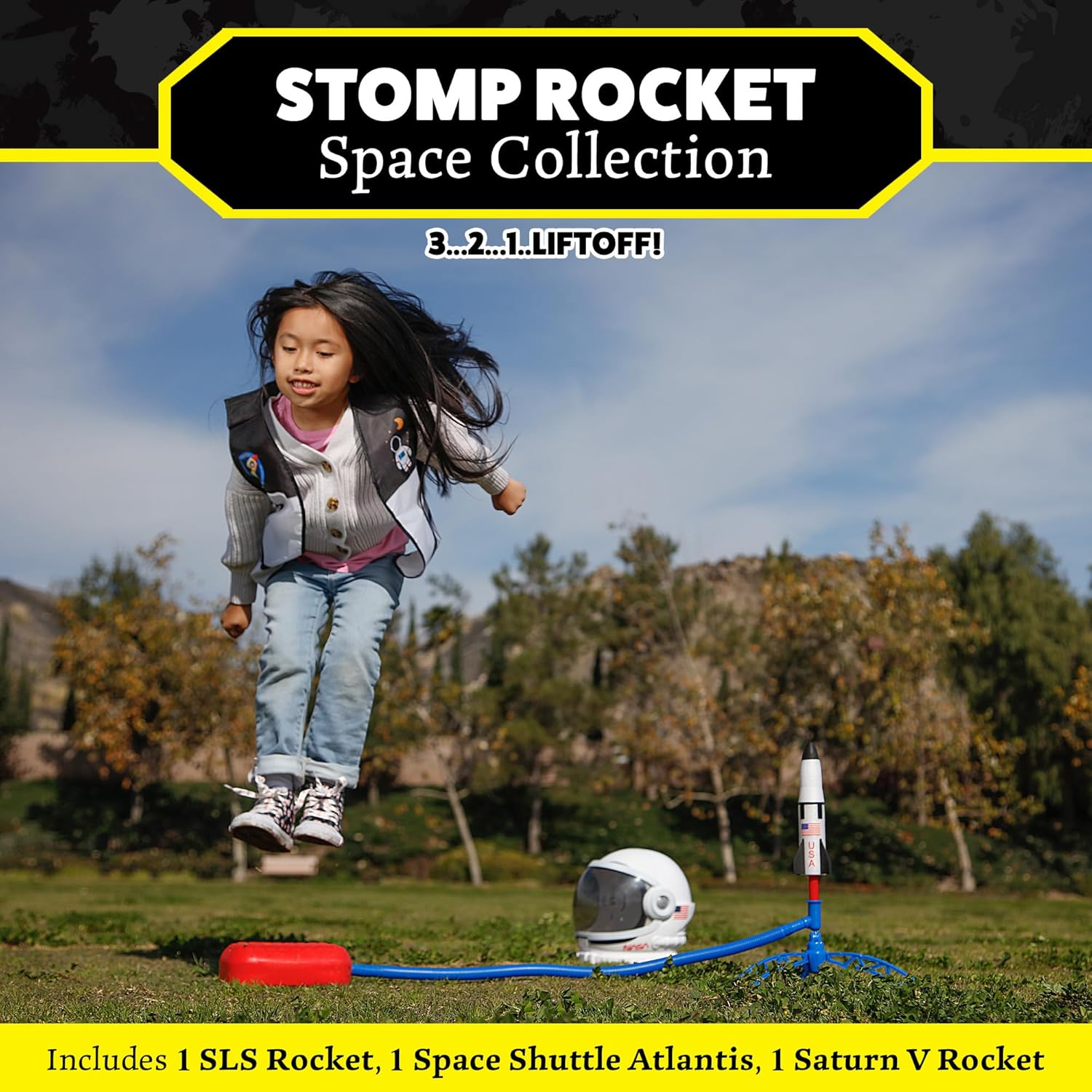 Stomp Rocket Space Collection Rocket Launcher for Kids, 3 NASA Rockets - Backyard & Outdoor Fun Toy Gift for Boys & Girls - STEM Soft Foam Blaster Set Soars Up to 100 Feet - Ages 5 & Up