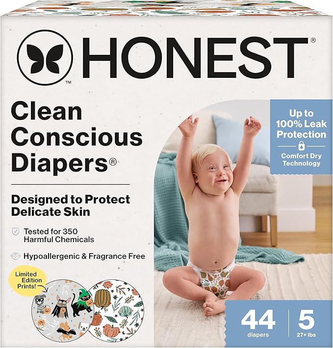 The Honest Company Clean Conscious Diapers for Delicate Skin | Up to 100% Leakproof | Hypoallergenic, Fragrance Free | Fall '25 Limited Edition Prints | Club Box, Size 5 (27+ lbs), 44 Count