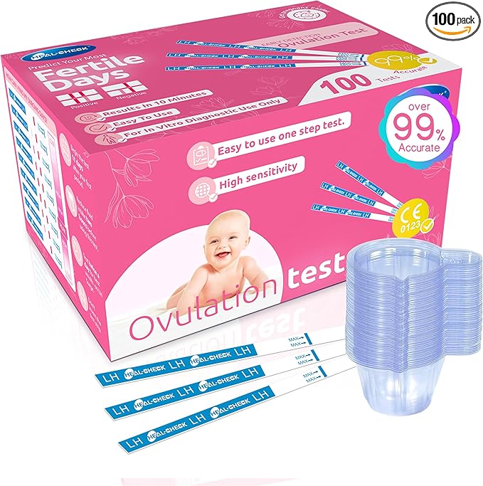100 Count Ovulation Test Strips with Cups, Bulk Ovulation Test Strips for Women, Ovulation Predictor Kit, Accurate Fertility Tests for Home, Individually Wrapped 5mm LH