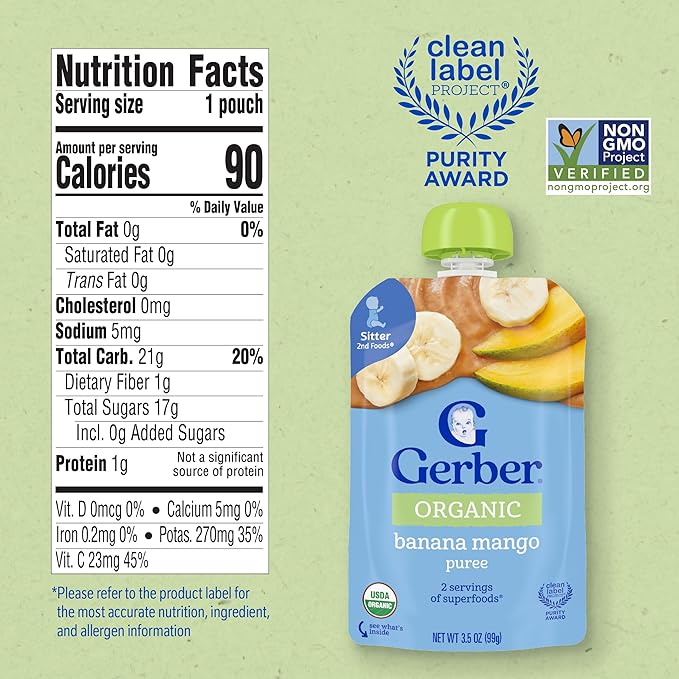 Gerber Stage 2 Baby Food, Organic Banana Mango Puree Pouch, 2 Servings of Fruit, No Added Sweetener, No Artificial Colors or Flavors, 12-Pack