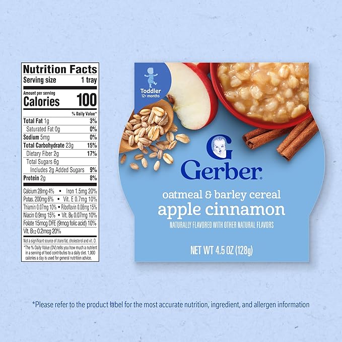 Gerber Oatmeal and Barley Apple Cinnamon Cereal, Toddler Oatmeal, Iron, Whole Grains, 8PK