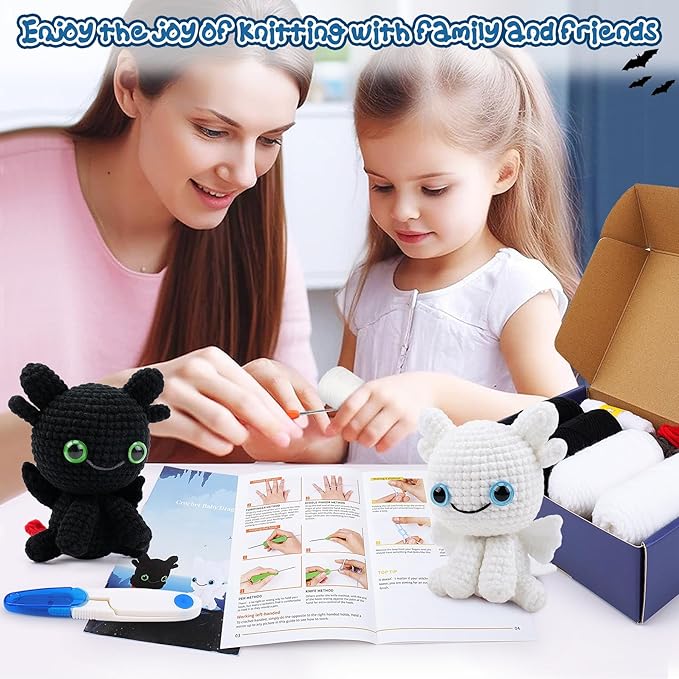 Dragon Crochet Kit for Beginners, 2PCS Black and White Dragon Crochet Animal Kit with Step-by-Step Video Tutorials, Crocheting Kits, Crochet Starter Kit for Kid and Adult, Stuffed Animal Knitting Kits