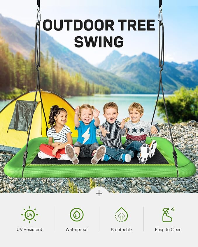 Tree Swing for Kids and Adults, 60" Waterproof Rectangle Platform Swing, 700lbs Heavy Duty with Adjustable Straps, Green