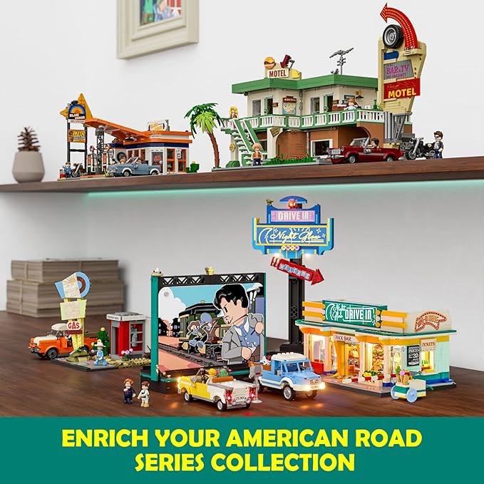 City Drive-in Theater Lighting-Building-Bricks-Set - Road Trip Night Glow Car Cinema Modular Collection LED Light Building Set 1760 Pcs for Adults, Teen and Travelling Enthusiasts