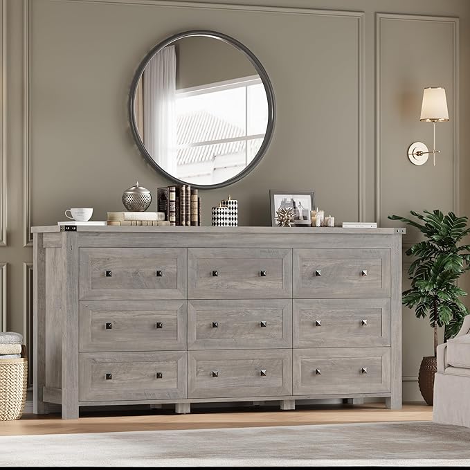 9-Drawer Dresser, Modern Wooden Storage Chest of Drawers, Dresser TV Stand, Wood Drawer Organizer with Metal Handles for Bedroom, Living Room, Hallway