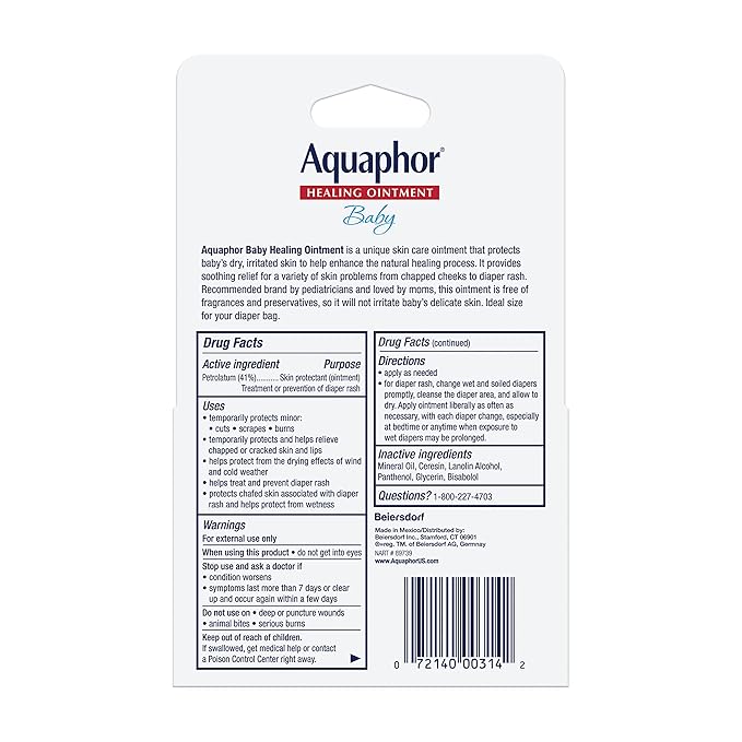 Aquaphor Baby Healing Ointment Advanced Therapy Skin Protectant for Chapped or Dry Skin, Drool Rash and Diaper Rash Ointment, Hypoallergenic Baby Essentials, Travel Size, 0.35 Oz Tube, Pack of 2