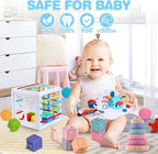 SpringFlower 5 in 1 Baby Toys 6 to 12 Months, Montessori Toys, Soft Baby Teething Toys, Sensory Bin Toy, Stacking Building Blocks & Rings Infants,Sorting Sensory Learning Gift for Toddlers Aged 1-3