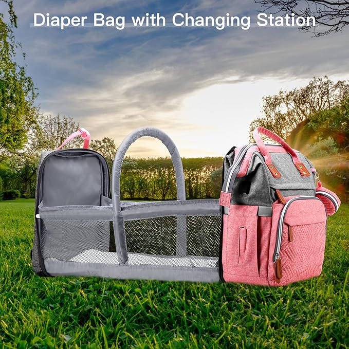 Diaper Bag Backpack with Changing Station, Large Diaper Bag, Baby Bag, Multifunctional Diaper Bag, Pinkgray