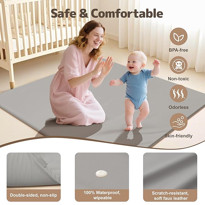 Baby Play Mat 47x47 Inches, Extra Thick 1.2" Foam Floor Mat for Tummy Time & Crawling, Waterproof Non-Slip Faux Leather Playpen Mat for Infants Toddlers, Indoor Outdoor Gym Activity, Gray