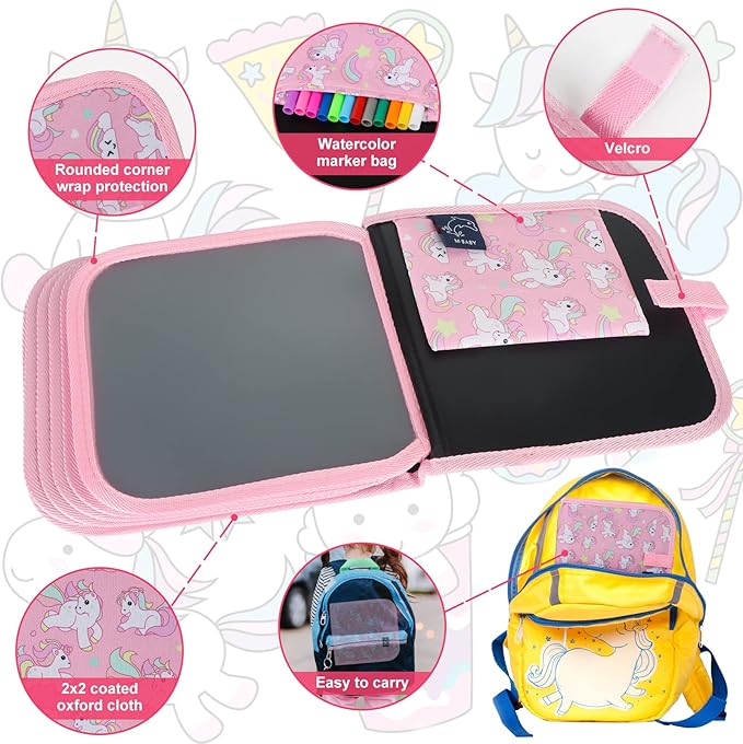 Erasable Book Doodle Set for Kids,Reusable Magic Drawing Book for Kids with 12 Watercolor Pens 14 Page Drawing,Road Trip Car Game Writing Painting Set for Boys and Girls (Pink Unicorn)