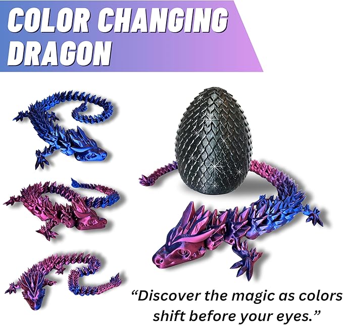 20" Articulated Dragon With Egg - Big Color Changing - 3D Printed Dragon With Egg - Fidget Dragon Egg & 3D Dragon - Toy Dragon Egg With Figures - Made in the USA - (Blue/Red With Black Egg)