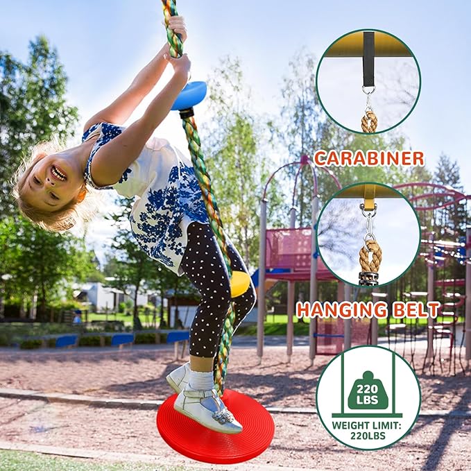 Tree Swing Climbing Rainbow Rope, Heavy Duty Swing Disc Seat Replacement for Kids with Hanging Strap and Platform Carabiners Indoor/Outdoor Playground Accessories (Red)
