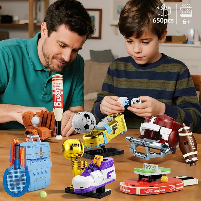 Sports Building Blocks Sets, Compatible with Lego Party Favor Set for Kids 6 in 1 Soccer, Baseball, Rugby(Football), Basketball, Tennis, Table Tennis Collectors & Boys 4-7, Home Decor Gift 650 PCS
