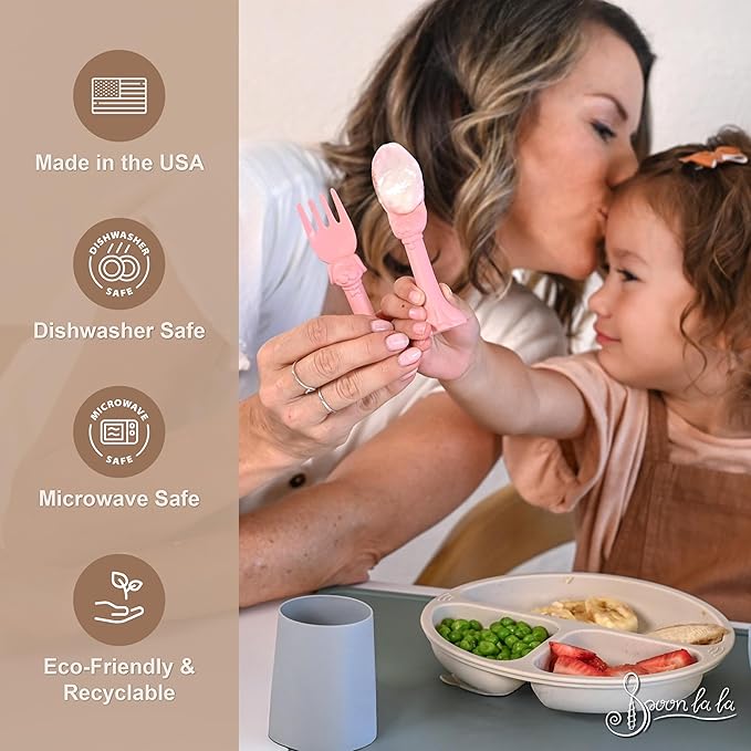 Made in USA Spoon la la Toddler Utensils Set - 2 Pack (1 Spoon & 1 Fork for Kids) - Self-Standing 3D Ergonomic Cat & Dog Handles - BPA-free, Dishwasher Safe, Baby Silverware (Pink)