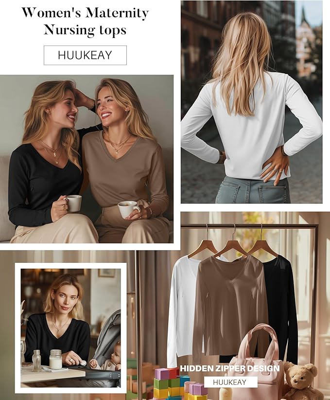 Huukeay 3 Pack Women's Long Sleeve Nursing Tops, Breastfeeding Hidden Zippers Shirts V Neck Maternity Pregnancy Tees Clothes