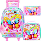 gxtvo Girls Rolling Backpack, Cute Butterfly Roller Wheels Kids Bookbag - Wheeled Elementary School Bag - 3PCS Butterfly