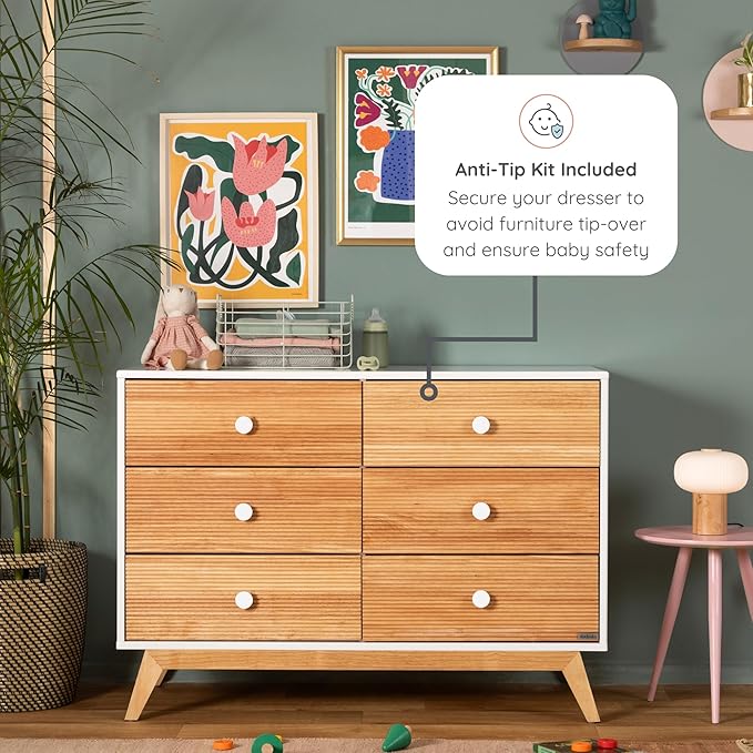 dadada Baby Merry 6-Drawer Dresser – Modern Nursery Dresser with Natural Wood Fronts, Soft-Close Drawers, Anti-Tip Safety Kit, Baby-Safe Finish – Spacious Storage for Nursery & Home (White/Natural)