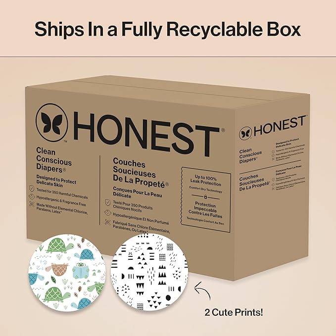 The Honest Company Clean Conscious Diapers for Delicate Skin | Up to 100% Leakproof | Hypoallergenic, Fragrance Free | Gender Neutral | Super Club Box, Size 2 (12-18 lbs), 124 Count (Prints May Vary)