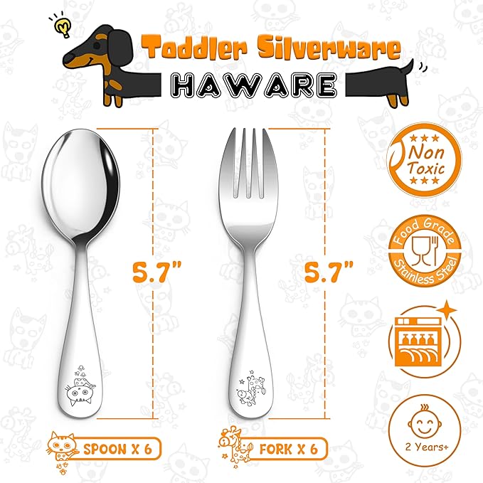 HaWare 12 Pieces Toddler Utensil Sets, Stainless Steel Kids Silverware Set Includes Toddler Forks and Spoons, Kids Safe Cutlery Set for Self Feeding, Cute Animal Handle Pattern, Dishwasher Safe