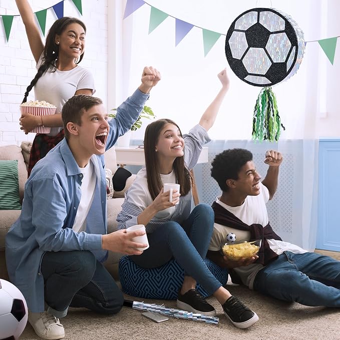 WERNNSAI Soccer Ball Piñata-Soccer Party decoration Piñata with Blindfold Bat for Kids Sports Themed Birthday Party Supplies Mirror Roller Skating Pull String