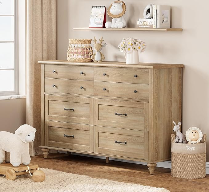 WAMPAT Baby Dresser with 8 Drawers for Kids Room, Farmhouse Kids Dresser Wooden Double Dresser for Bedroom, Wide Dresser Organizer for Children’s Bedroom, Nursery Furniture, 54 Inch, Oak