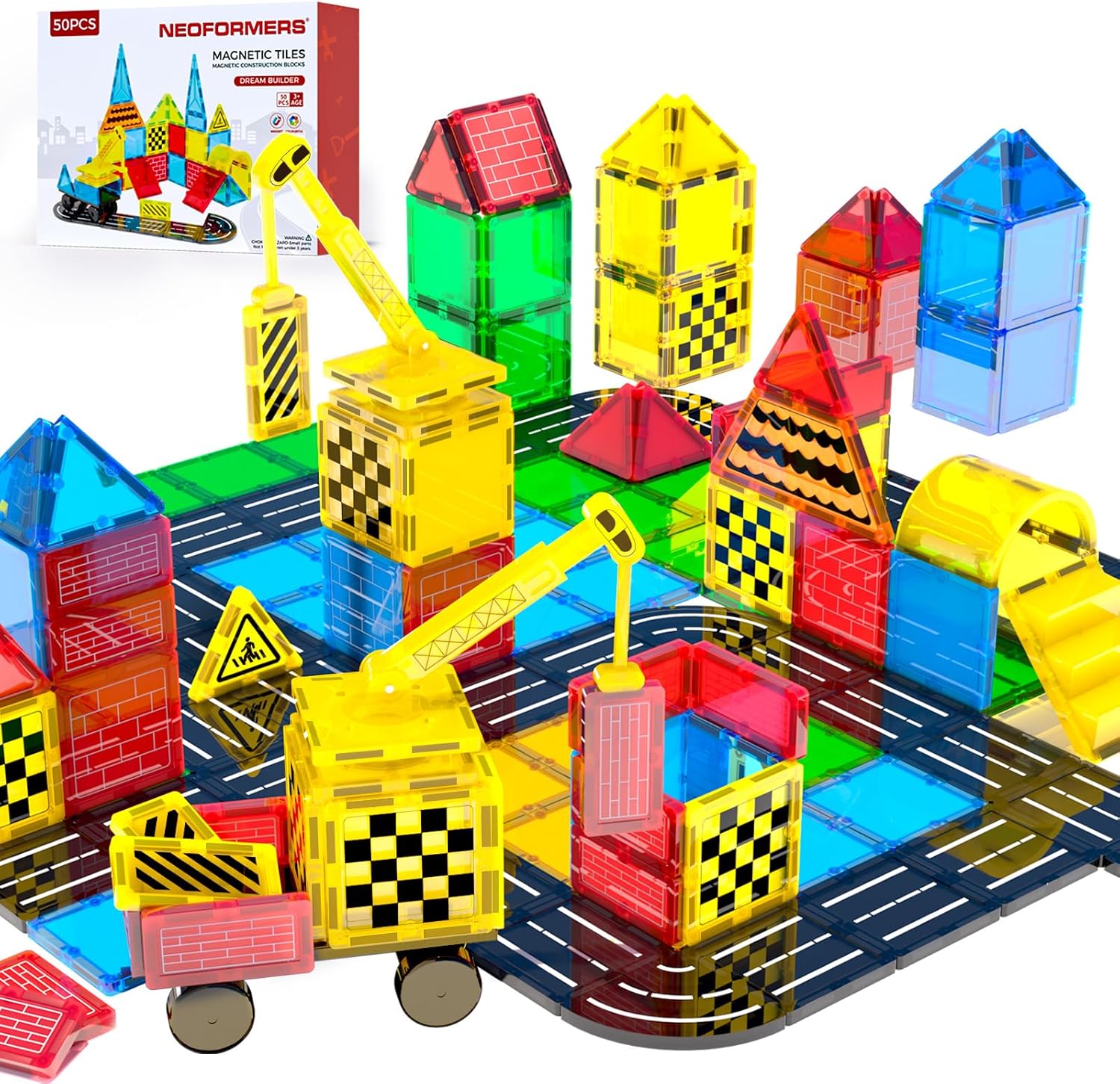 Magnetic Tiles Builder Construction Set, Magnetic Tiles Road Cars Set STEM Toys for Ages 3-8, Montessori Sensory Educational Magnet Toys for 3+ Year Old Boys and Girls Gifts