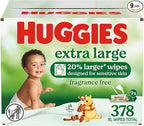 Huggies Extra Large Baby Wipes, Unscented, 9 Flip-Top Packs, 378 XL Wipes Total, Packaging May Vary