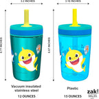 Zak Designs Baby Shark Kelso Tumbler Set, Leak-Proof Screw-On Lid with Straw, Bundle for Kids Includes Plastic and Stainless Steel Cups with Bonus Sipper (3pc Set, Non-BPA)15 fl oz.