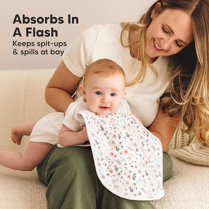 KeaBabies 4-Pack Baby Burp Cloths Baby Girl, Boy - Organic Cotton Burp Cloth, Extra Large, Absorbent, Soft Burping Cloths & Bibs Set for Babies, Newborn Burp Clothes, Thick Burp Rags (Sweet Charm)