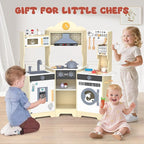 ANPABO Play Kitchen for Kids, Wooden Kitchen Playset w/Real Lights & Sounds, Coffee & Ice Maker, Microwave, Stove, 30Pcs Accessories Include Play Food, Pretend Play Set for Boys & Girls, Yellow