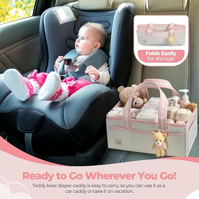 PeraBella XL Diaper Caddy Organizer With Handle, Baby Shower Gifts Basket Bag, Registry Search Must Haves Items, Newborn Girl Boy Nursery Storage Organizer, Baby Bag Essentials, Car Diaper Caddy Cart