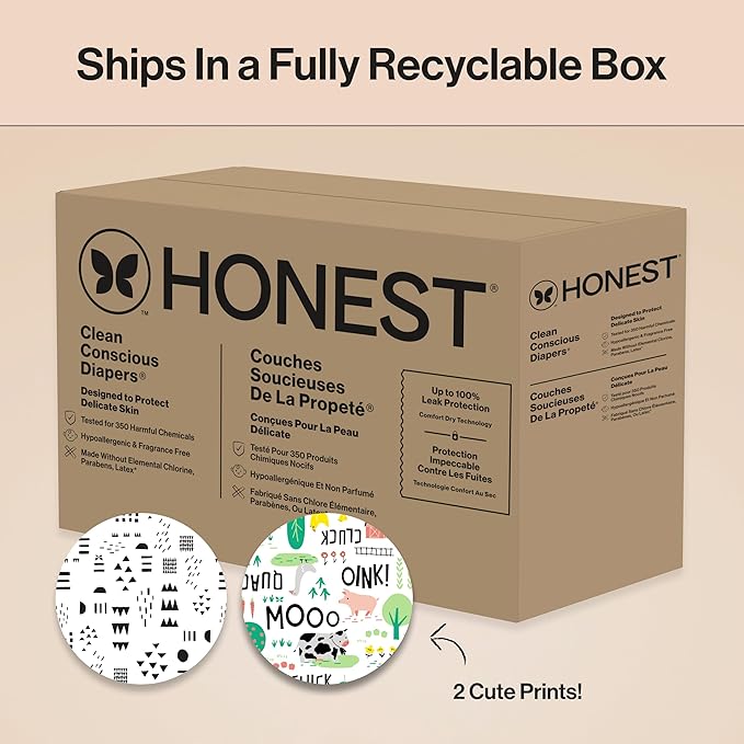 The Honest Company Clean Conscious Diapers for Delicate Skin | Up to 100% Leakproof | Hypoallergenic, Fragrance Free | Gender Neutral | Super Club Box, Size 7 (41+ lbs), 64 Count (Prints May Vary)